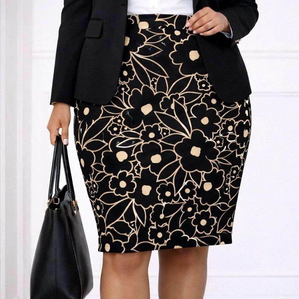 Nine West Stretch Floral Pencil Skirt Black Beige Size 14 NWT Office Career